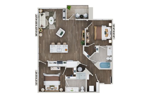 Floor plan for 2 beds, 2 baths, 1108 sqft